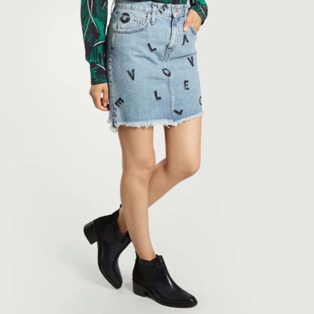 Current Elliot Love Letter Denim Step Ladder Hem Mini Skirt All Over Print